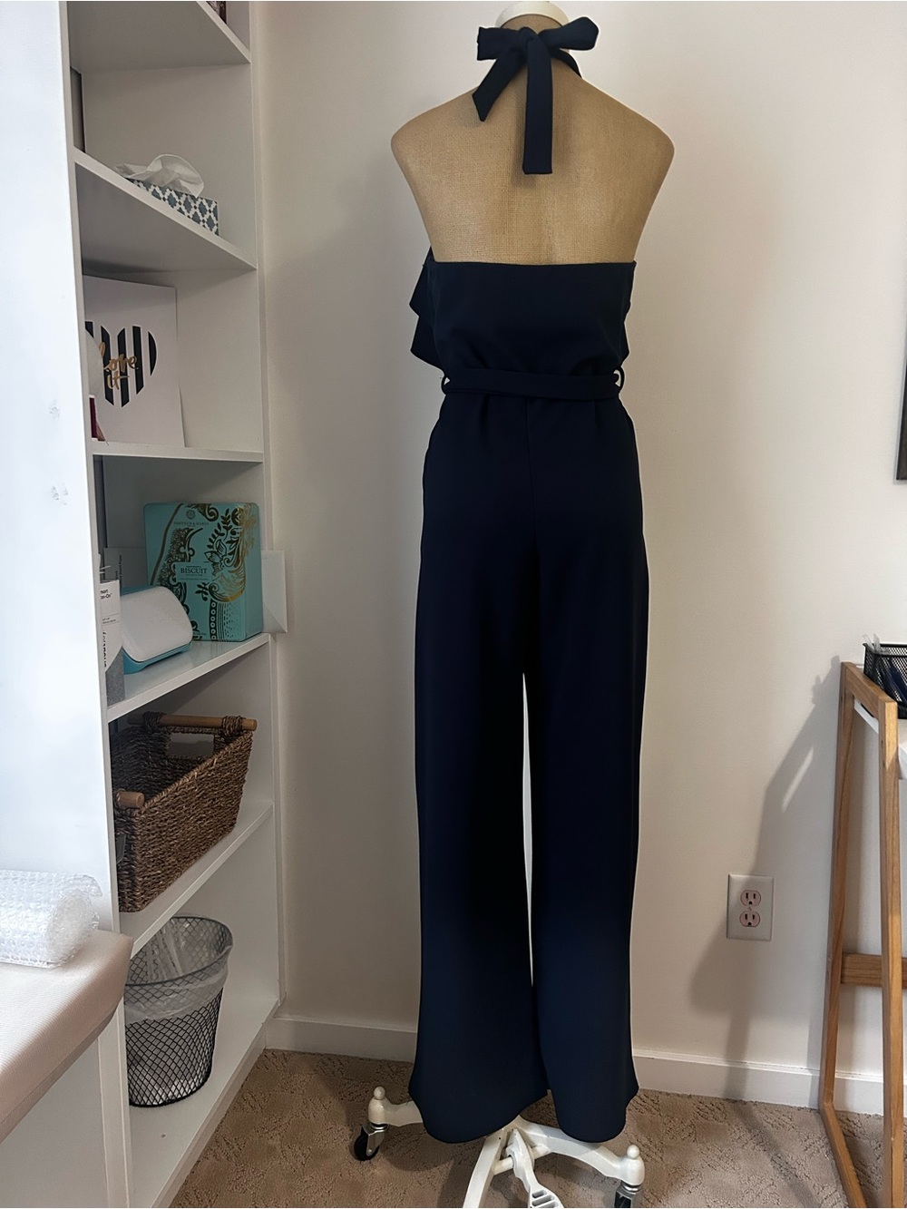 Navy Ruffled Halter Jumpsuit - Picture 2 of 5